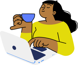 ilustração de uma mulher negra mexendo em seu notebook com uma xicara de café na mão como se estivesse lendo alguma noticia